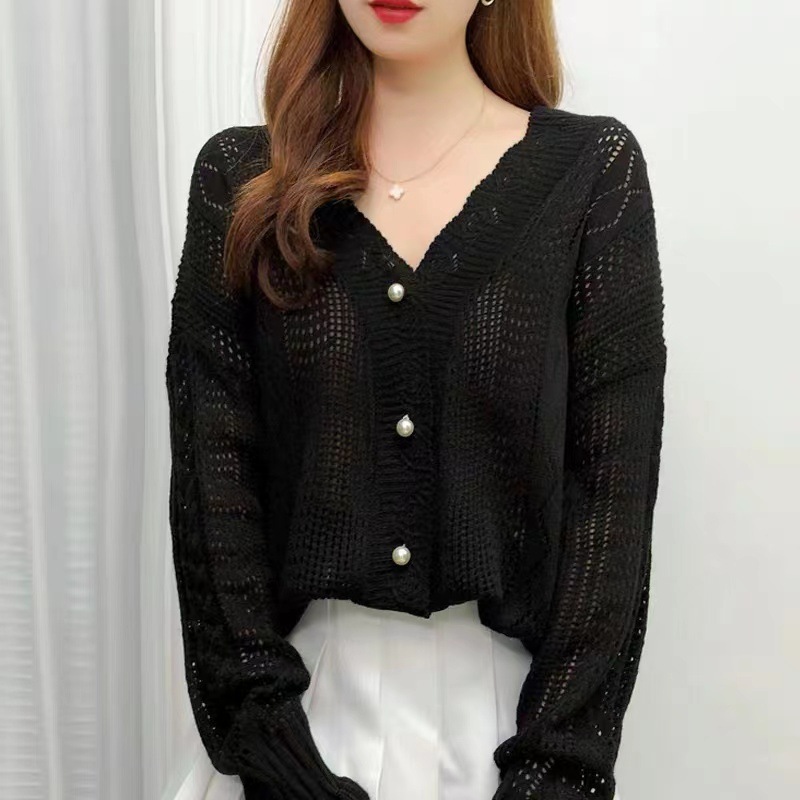 Stella Fashion Korean Retro Hollow Lazy Style Woolen Jacket Crocheted sweater V-neck Women's knitted Loose Cardigan-Stella's Fashion