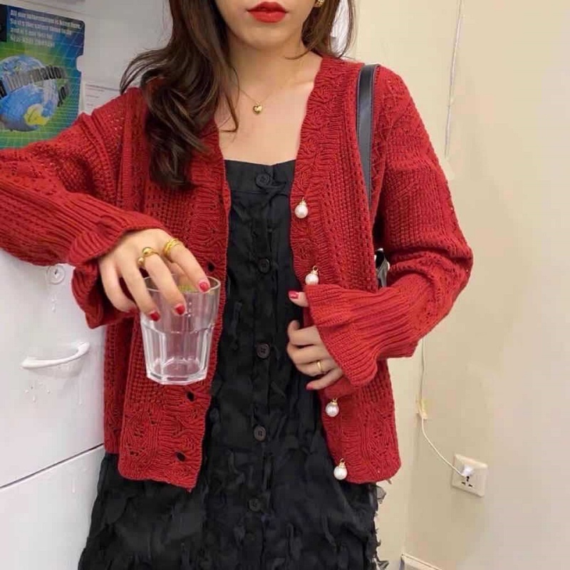 Stella Fashion Korean Retro Hollow Lazy Style Woolen Jacket Crocheted sweater V-neck Women's knitted Loose Cardigan-Stella's Fashion