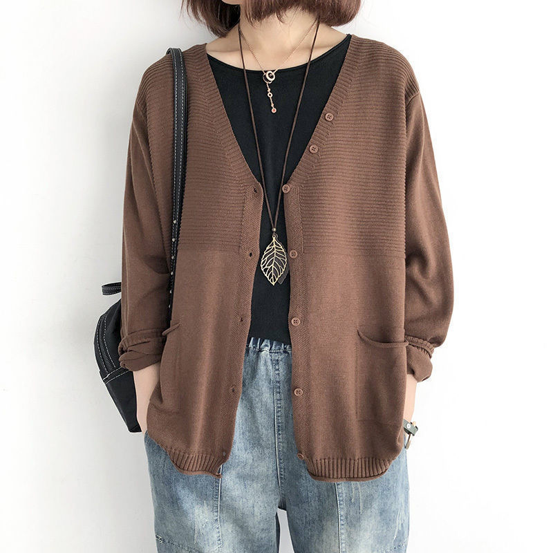 Women's Knitted Cardigan New loose Large Size Thin Jacket Casual Korean V-neck Outer Sweater Long-Sleeved Top-Stella's Fashion