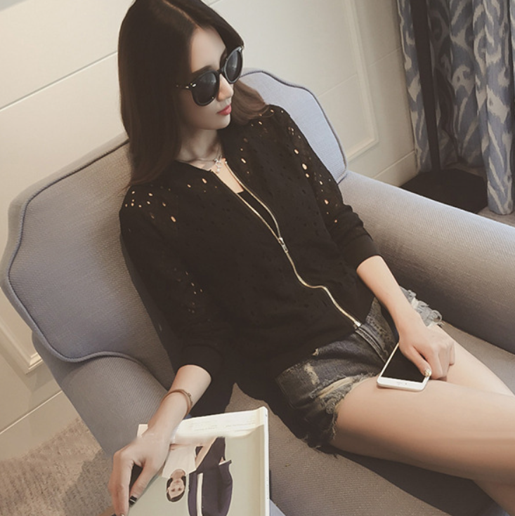 [Stella Fashion] Summer new Korean version of the thin long-sleeved lace sunscreen clothing women's short zipper jacket-Stella's Fashion