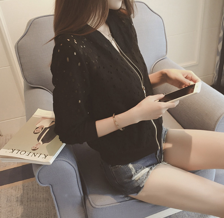 [Stella Fashion] Summer new Korean version of the thin long-sleeved lace sunscreen clothing women's short zipper jacket-Stella's Fashion