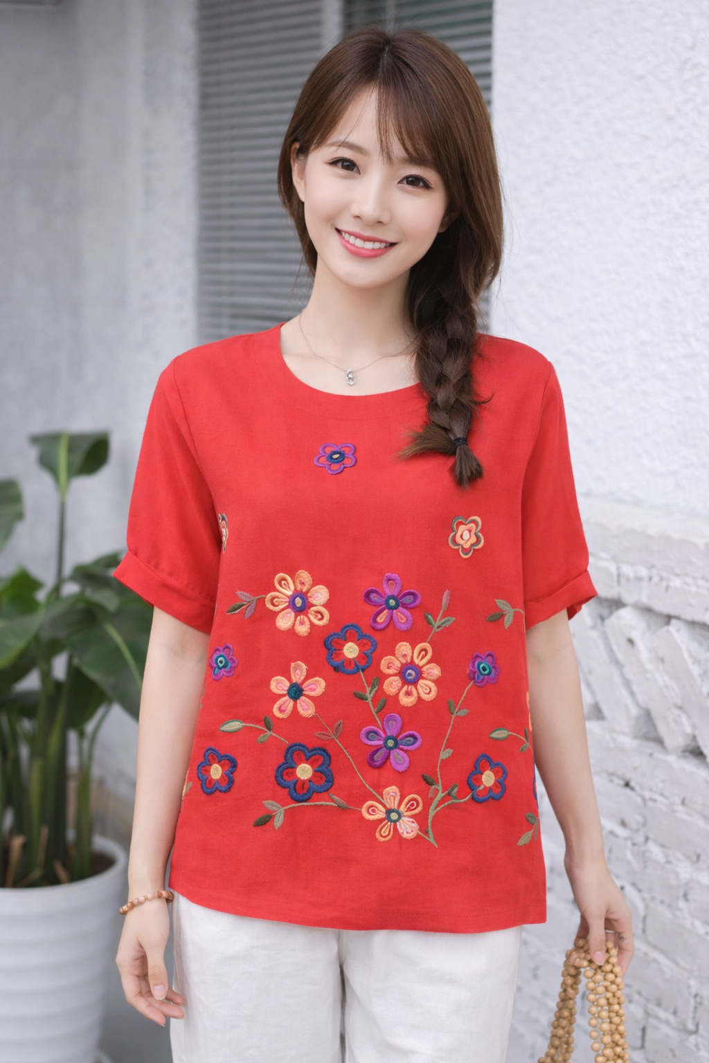 Stella Fashion Plus size Women Round Neck Short Sleeve Embroidery Flower Top Middle aged and elderly Ladies Blouse