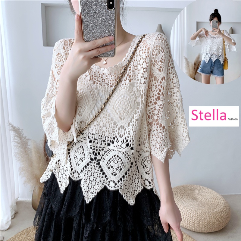 [Stella Fashion] women's short-sleeved shawl summer blouse  crocheted hollow top with western style small shirt sweater-Stella's Fashion