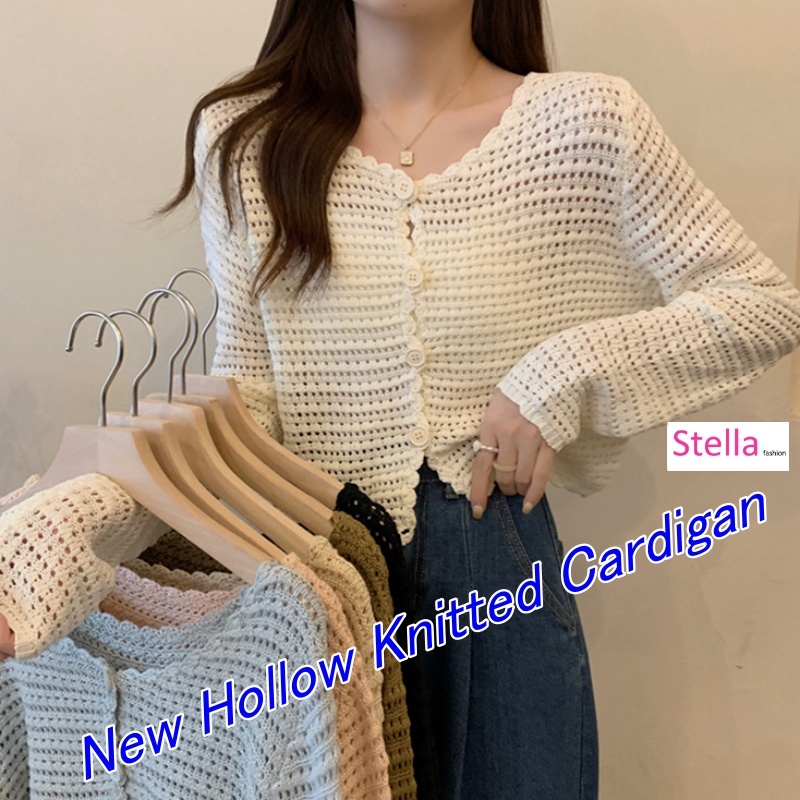 [Stella Fashion]  Summer New Hollow Knitted Cardigan Women's Long-Sleeved Outer Sunscreen Mesh Small Blouse Jacket Short Top .-Stella's Fashion