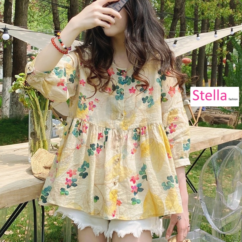 Stella Fashion Doll Shirt Top Korean Version Summer Loose Western Style Floral Ramie Fluffy Small Shirt Women's Mid-Sleeve Shirt 