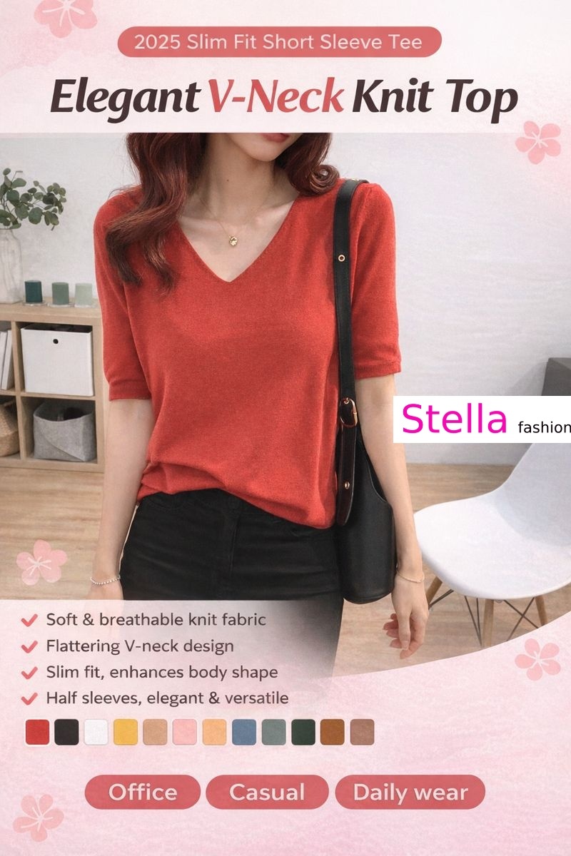 Stella Fashion Women’s V-Neck Knit Top – Slim Fit Short Sleeve Tee | Elegant & Easy Match for Work or Casual