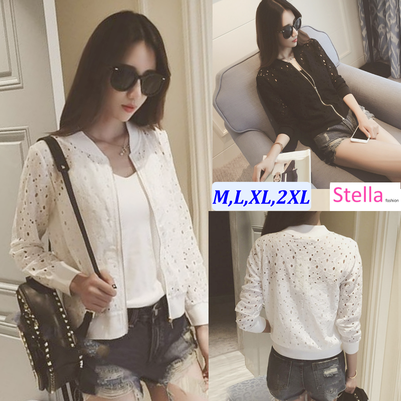[Stella Fashion] Summer new Korean version of the thin long-sleeved lace sunscreen clothing women's short zipper jacket-Stella's Fashion