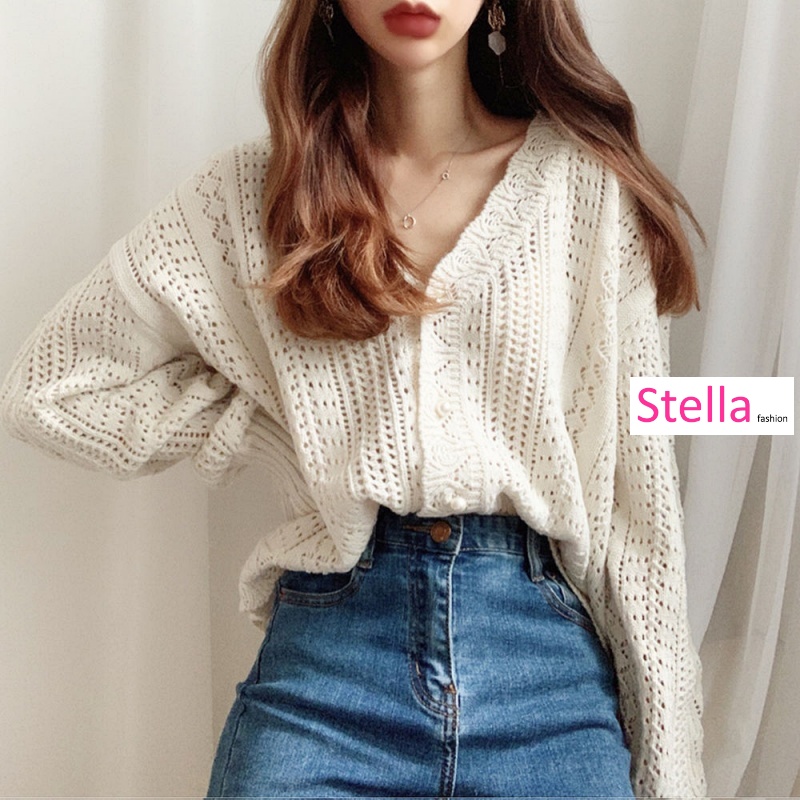 Stella Fashion Korean Retro Hollow Lazy Style Woolen Jacket Crocheted sweater V-neck Women's knitted Loose Cardigan