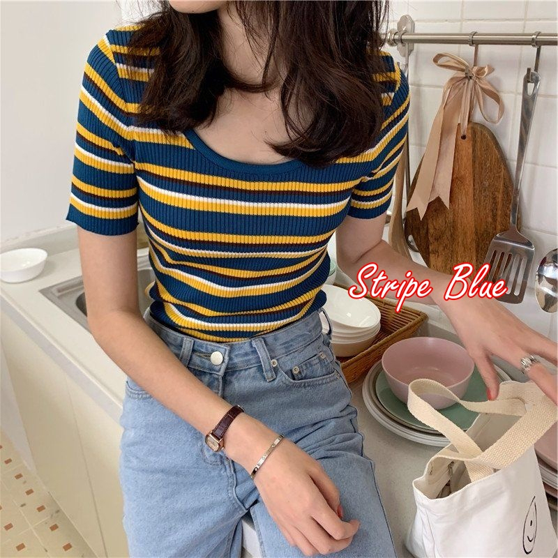 [Stella Fashion] Women’s Korean Solid Color V- Neck Casual Slim Knitted Short Sleeve Crop T-Shirt. Women Tops