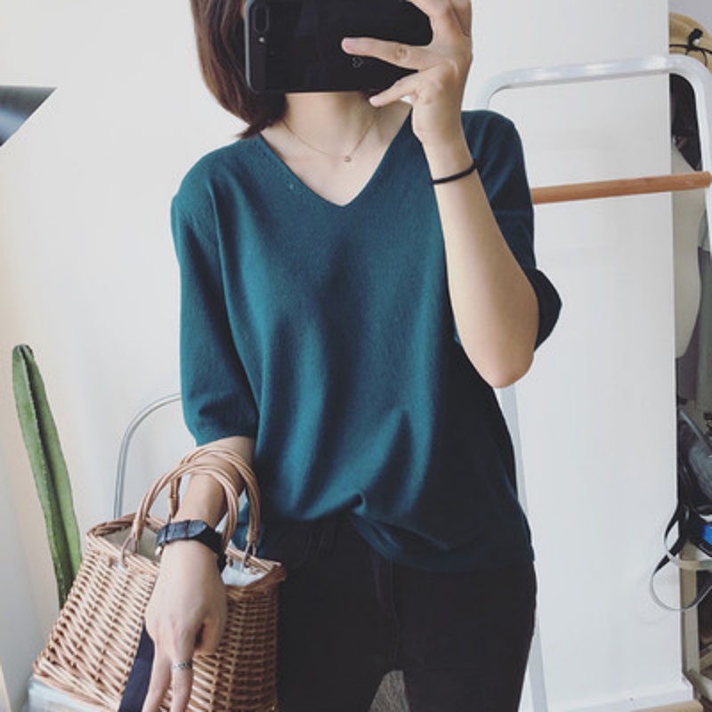 Stella Fashion Women's Mid-Sleeved Pullover With Core-Wrapped Yarn V-N