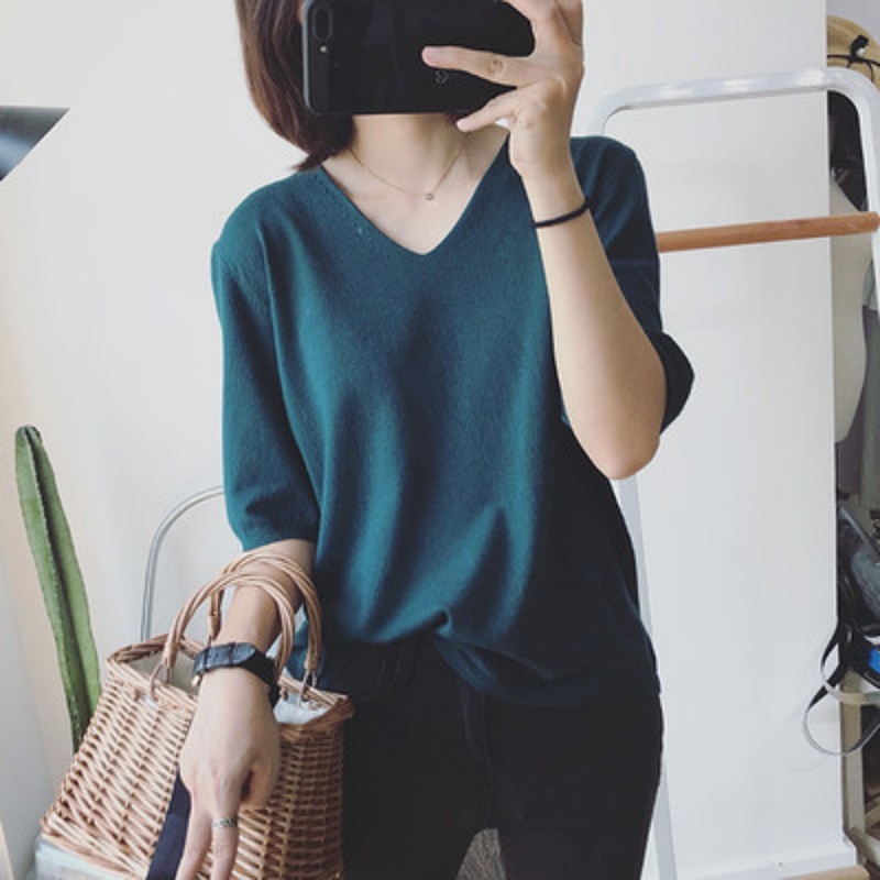 Stella Fashion Women’s V-Neck Knit Top – Slim Fit Short Sleeve Tee | Elegant & Easy Match for Work or Casual