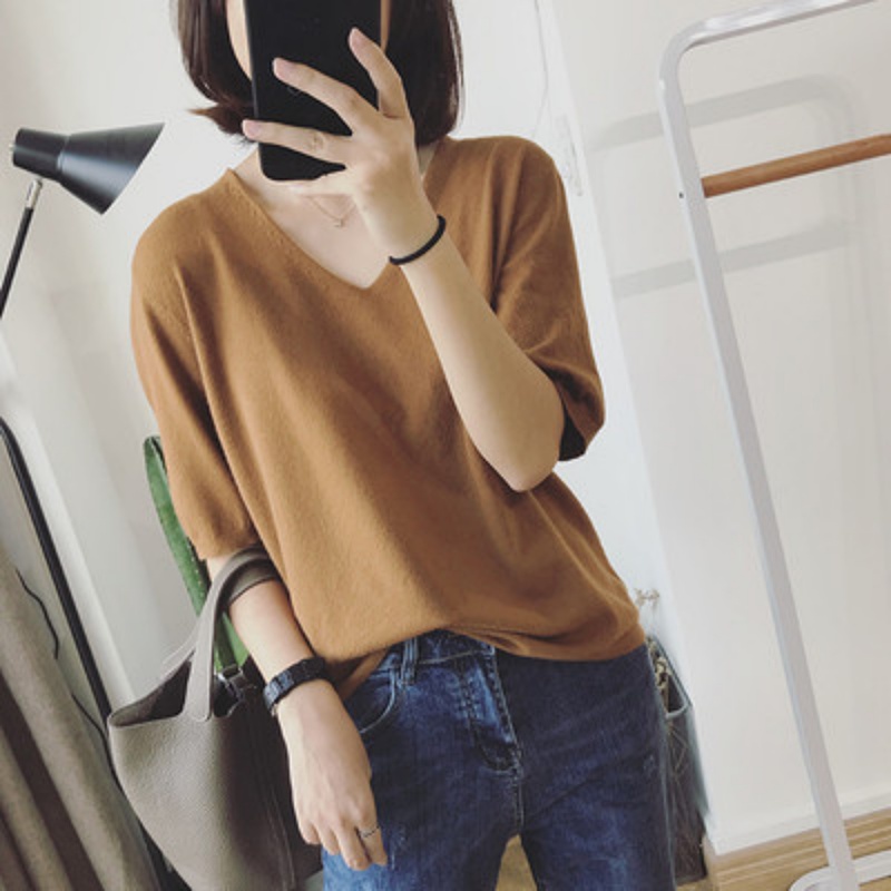 Stella Fashion Women's Mid-Sleeved Pullover With Core-Wrapped Yarn V-N