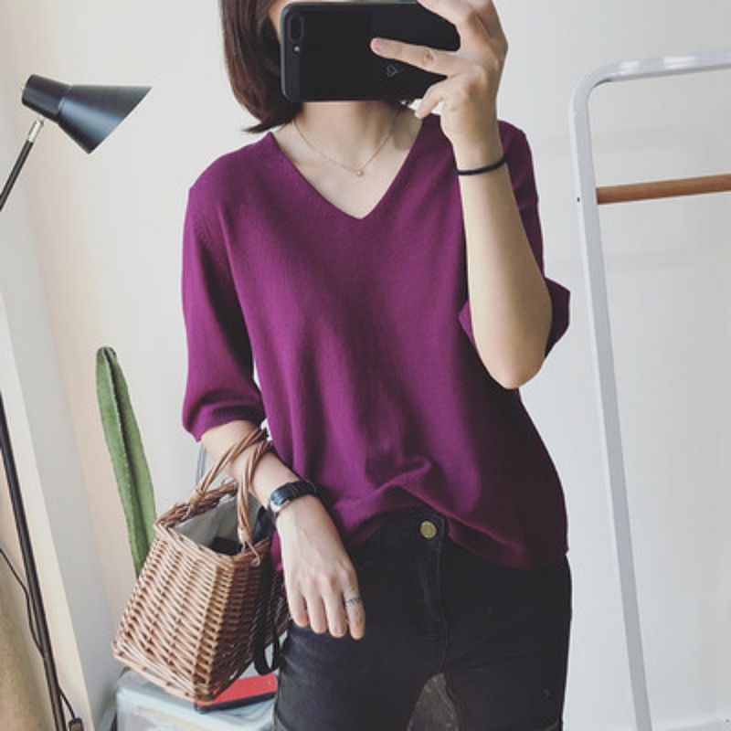 Stella Fashion Women's Mid-Sleeved Pullover With Core-Wrapped Yarn V-N
