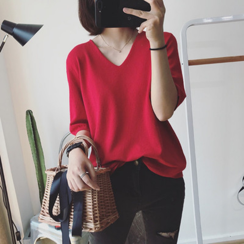 Stella Fashion Women’s V-Neck Knit Top – Slim Fit Short Sleeve Tee | Elegant & Easy Match for Work or Casual