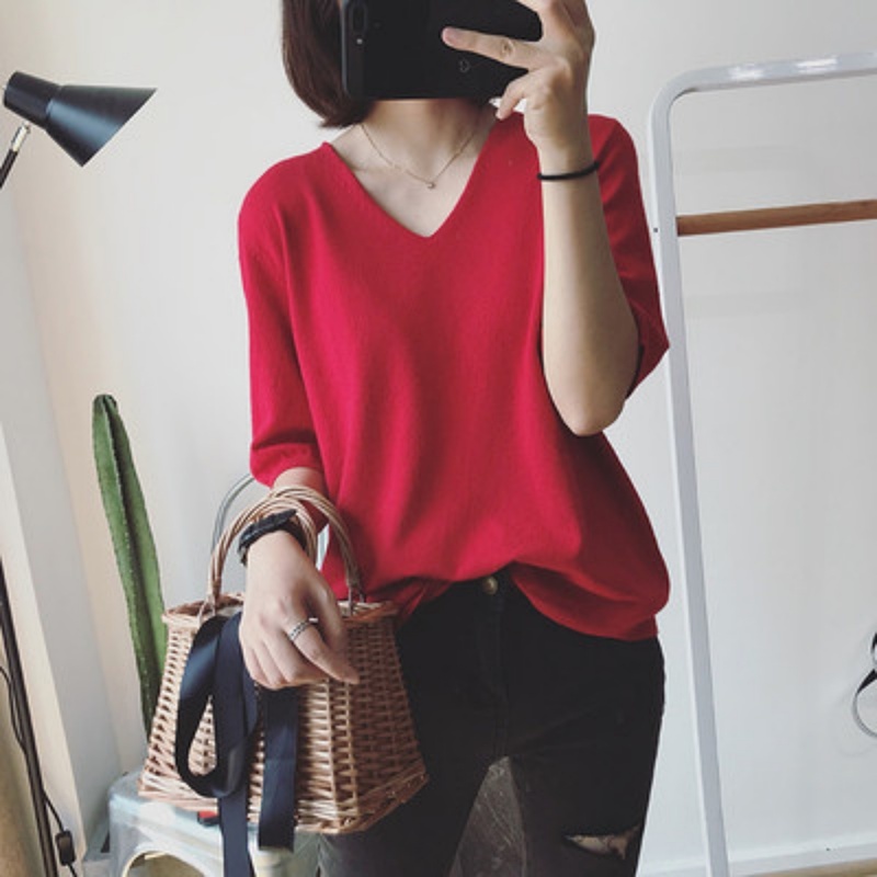 Stella Fashion Women’s V-Neck Knit Top – Slim Fit Short Sleeve Tee | Elegant & Easy Match for Work or Casual