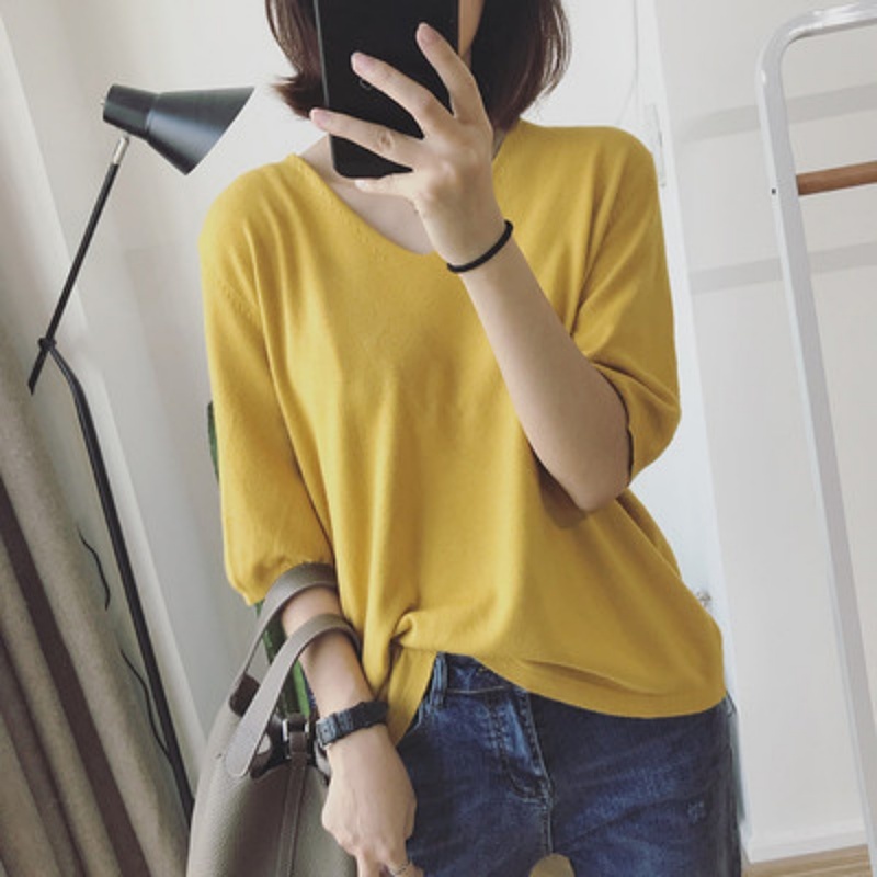 Stella Fashion Women’s V-Neck Knit Top – Slim Fit Short Sleeve Tee | Elegant & Easy Match for Work or Casual
