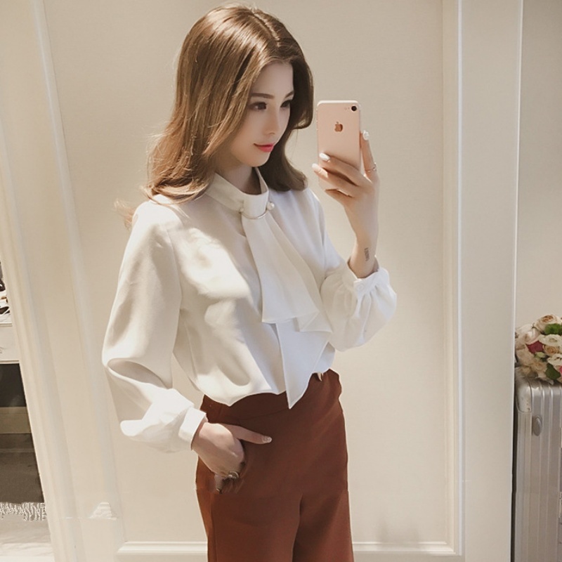 Stella Fashion Women's Long Sleeve Shirt Korean Style Solid Color Lantern Sleeve Chiffon Blouse