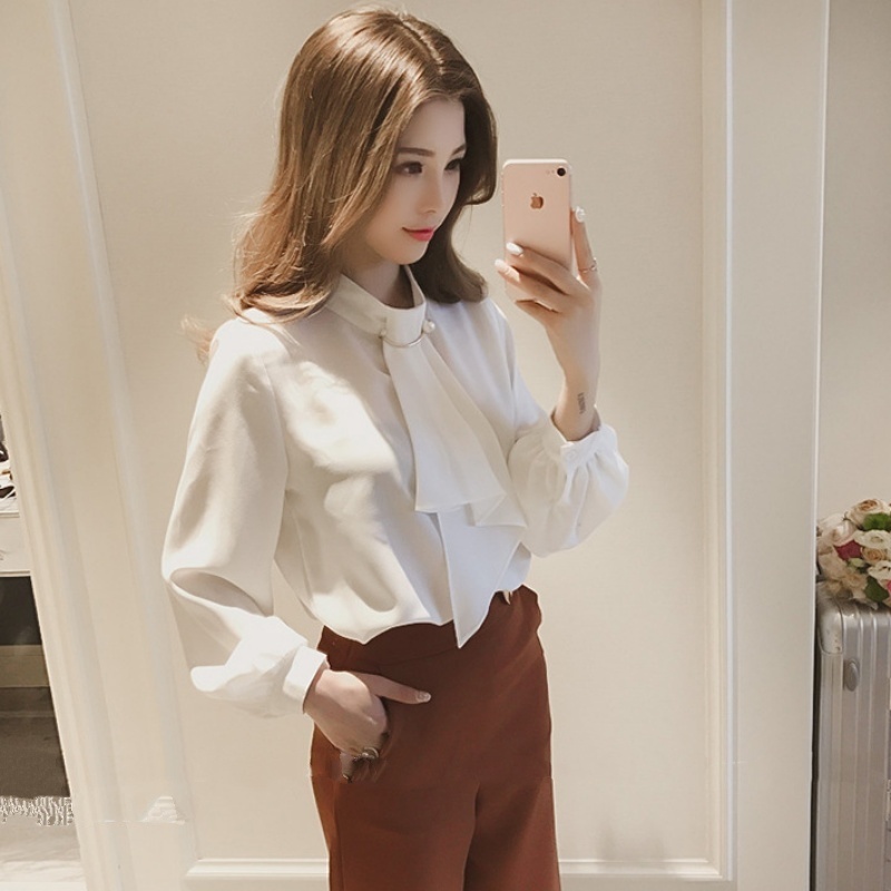 Stella Fashion Women's Long Sleeve Shirt Korean Style Solid Color Lantern Sleeve Chiffon Blouse