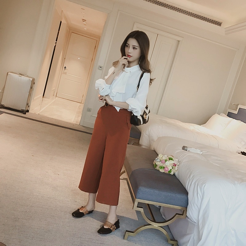 Stella Fashion Women's Long Sleeve Shirt Korean Style Solid Color Lantern Sleeve Chiffon Blouse