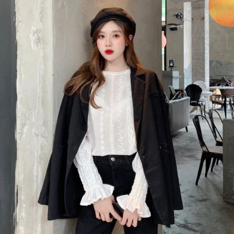 Stella Fashion Korean Style Women Ladies Loose Lace Cotton Round Neck Puff Long Sleeve Shirt Blouse-Stella's Fashion