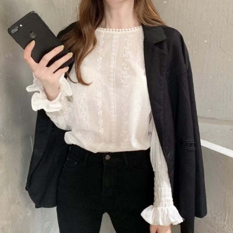 Stella Fashion Korean Style Women Ladies Loose Lace Cotton Round Neck Puff Long Sleeve Shirt Blouse-Stella's Fashion