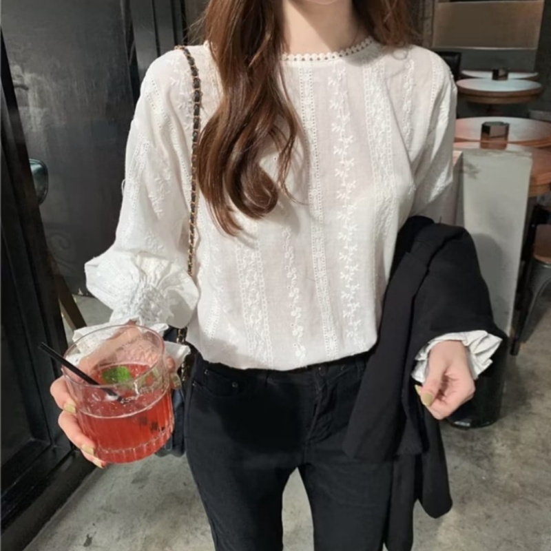 Stella Fashion Korean Style Women Ladies Loose Lace Cotton Round Neck Puff Long Sleeve Shirt Blouse-Stella's Fashion
