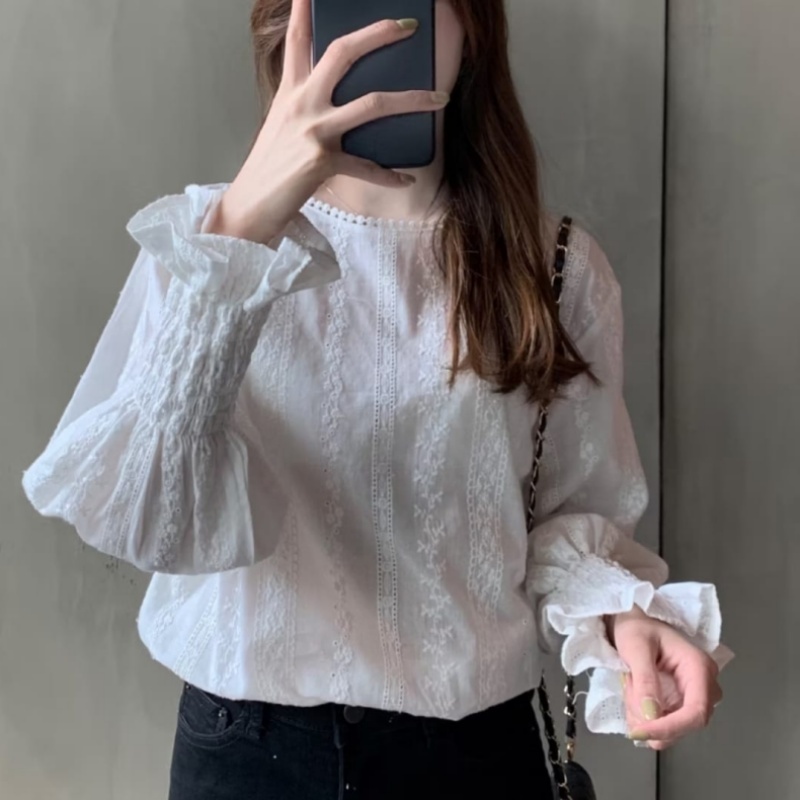 Stella Fashion Korean Style Women Ladies Loose Lace Cotton Round Neck Puff Long Sleeve Shirt Blouse-Stella's Fashion