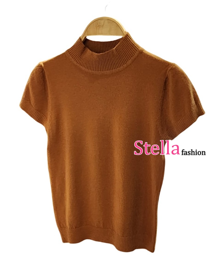 Stella Women's Solid Color Half Turtleneck Slim Tops Short Sleeve Knitted T-Shirt Korean Version Women's Top T-Shirt
