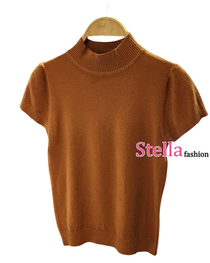 Stella Women's Solid Color Half Turtleneck Slim Tops Short Sleeve Knitted T-Shirt Korean Version Women's Top T-Shirt