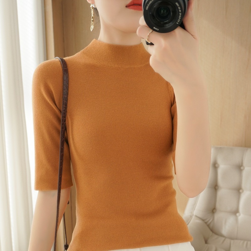 Stella Fashion Women’s Half Sleeve Knit Top 2025 Summer Mock Neck Slim Fit Base Layer