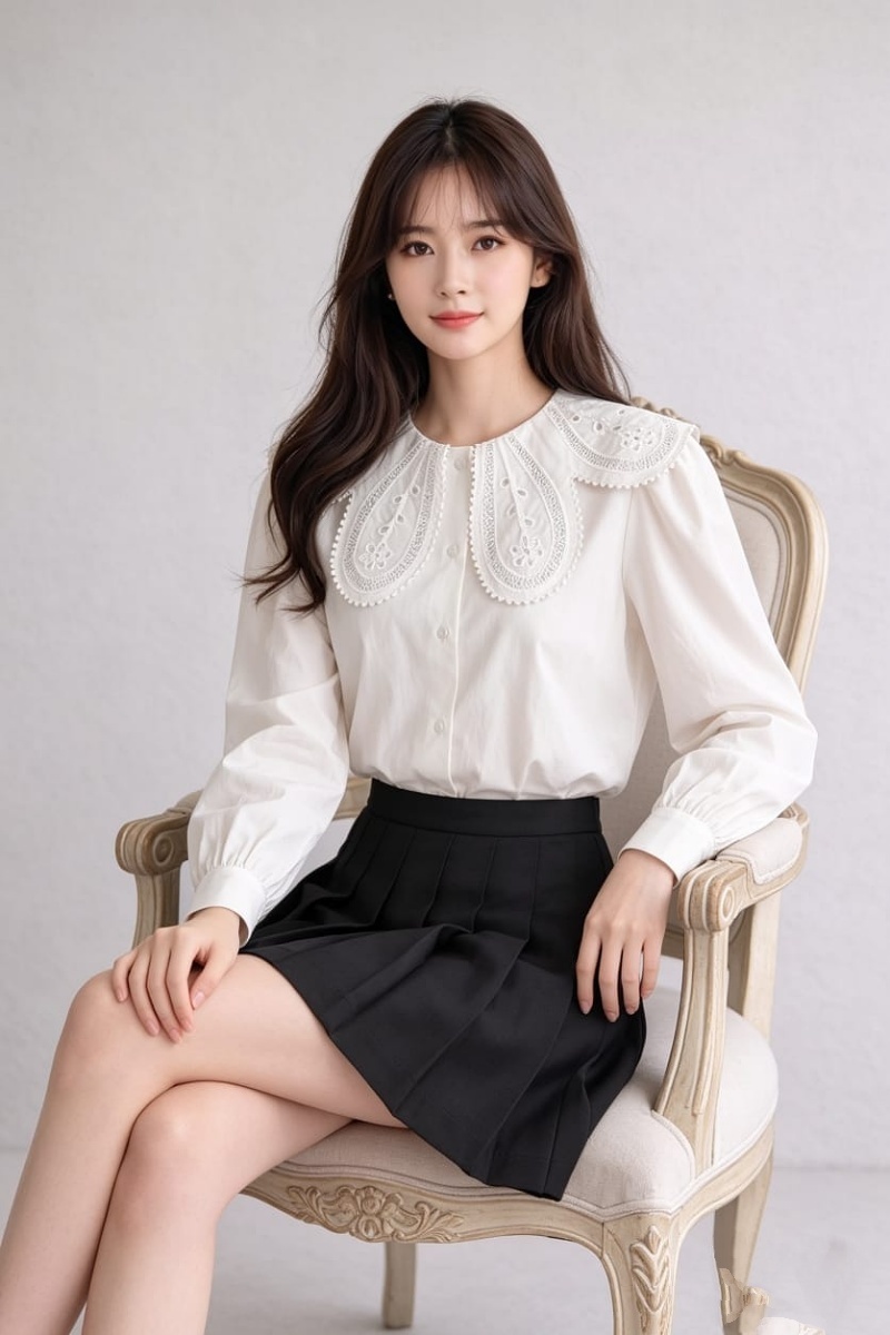 Stella Fashion Women Korean Lace Collar Long Sleeve Blouse Elegant Office Lady White Shirt Puff Sleeve Slim Fit Top S-XL