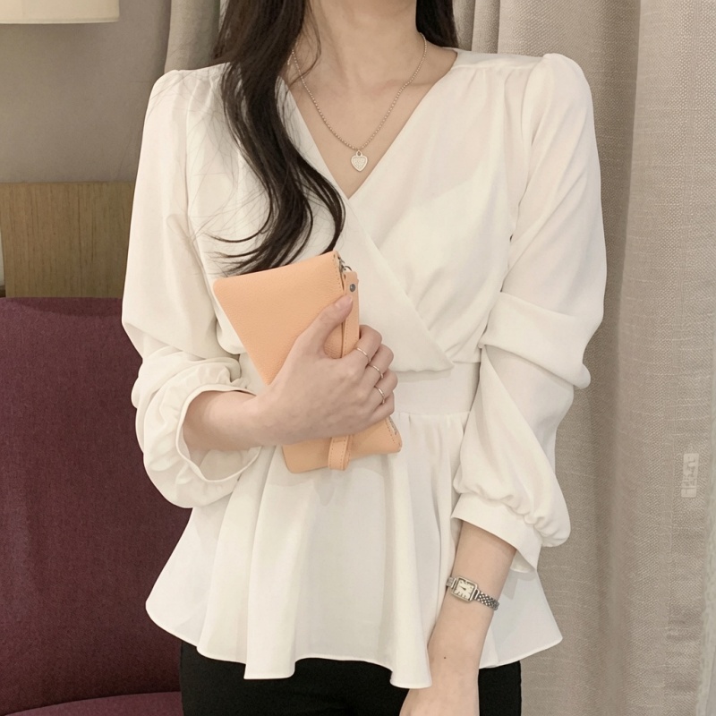 Stella Fashion Women Elegant V-Neck Peplum Blouse – Lantern Sleeve Wrap Top Tie Waist Flowy Shirt Office Casual Date Wear