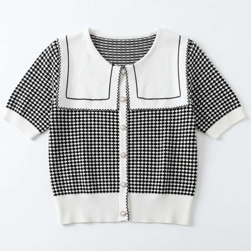 Stella Fashion Women’s Elegant Houndstooth Knitted Cardigan with Sailor Collar, Princess Sleeves, Pearl Buttons, Black & White Spring Fashion Top