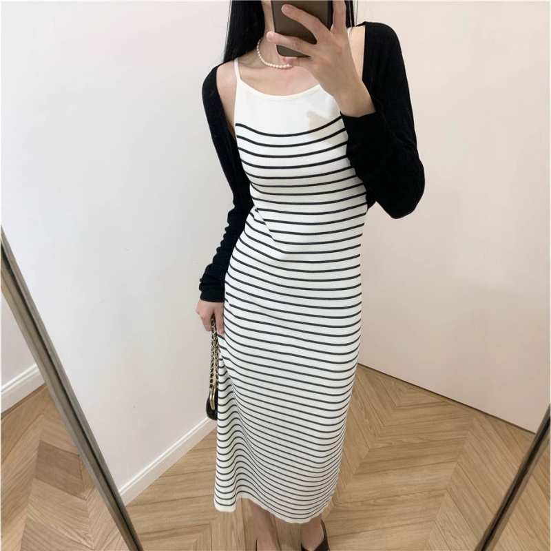 Stella Fashion Korean Style Striped Knitted Maxi Dress Women Sleeveless Slim Fit Bodycon Dress