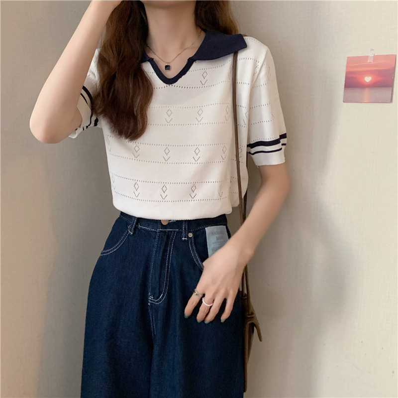 Stella Fashion Sweet Striped Polo Top | Ice Silk Fabric | Slim Fit Pullover | Girly Fashion Blouse