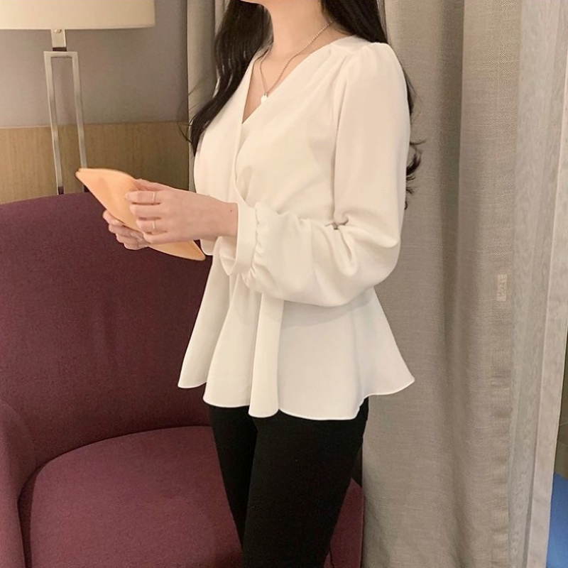 Stella Fashion Women Elegant V-Neck Peplum Blouse – Lantern Sleeve Wrap Top Tie Waist Flowy Shirt Office Casual Date Wear