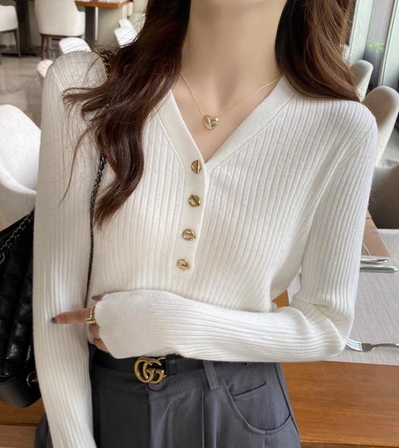 Women's Korean Style V Neck Knitted Top Loose Long Sleeve Inner Basic shirt Bottoming Shirt