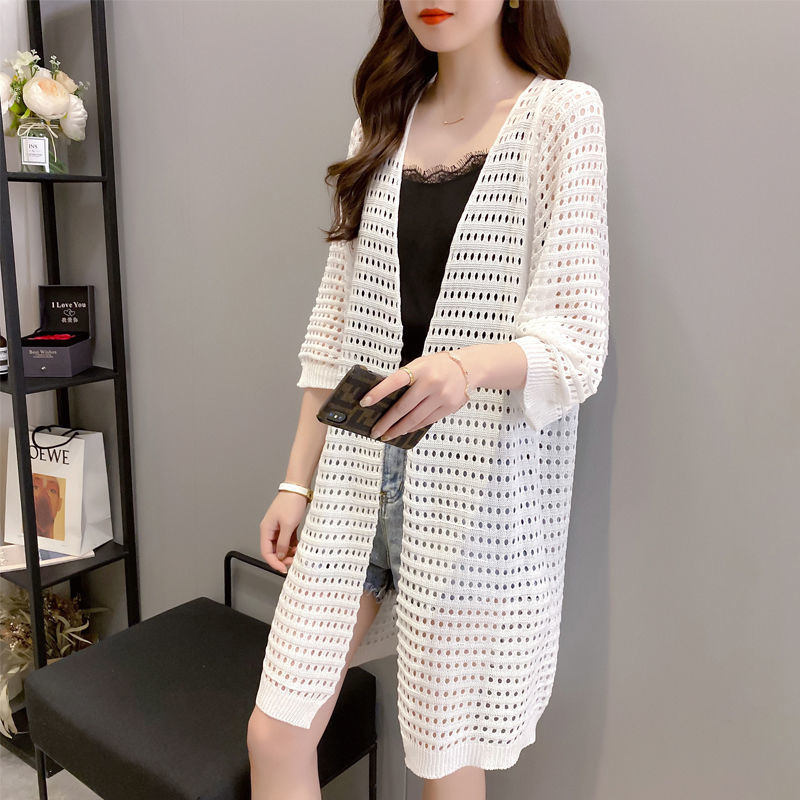 Stella Fashion Ice Silk Women's Knitted Coat Fashion Korean version women Thin loose Cardigan Mid-Length Sweater with Hallow Design-Stella's Fashion