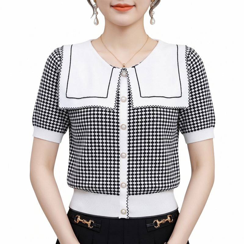 Stella Fashion Women’s Elegant Houndstooth Knitted Cardigan with Sailor Collar, Princess Sleeves, Pearl Buttons, Black & White Spring Fashion Top