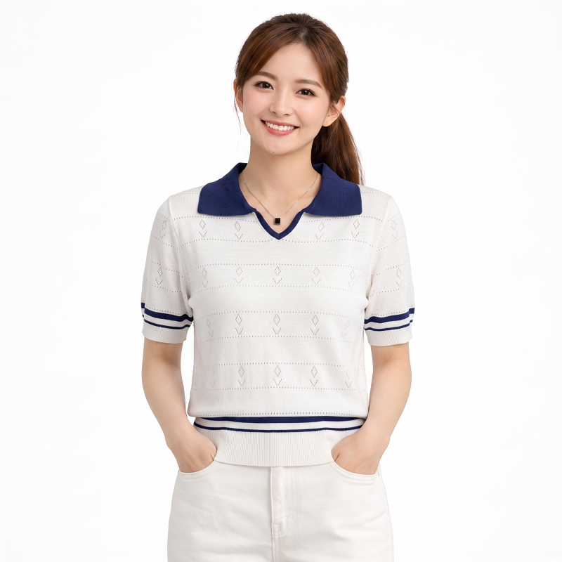 Stella Fashion Sweet Striped Polo Top | Ice Silk Fabric | Slim Fit Pullover | Girly Fashion Blouse