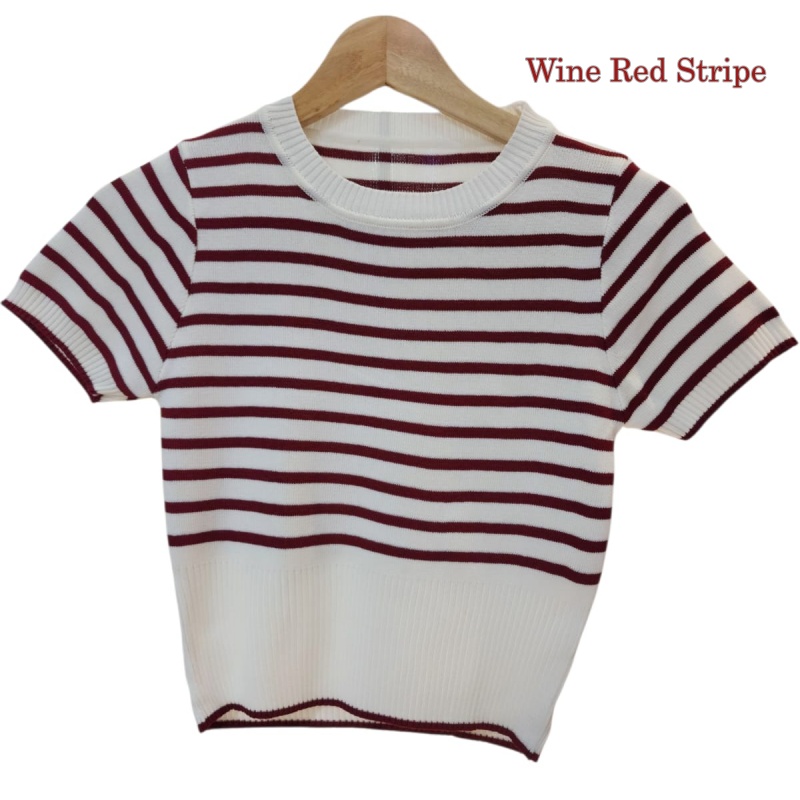 Stella Fashion Korean Style Striped Knit Top Women Short Sleeve Slim F