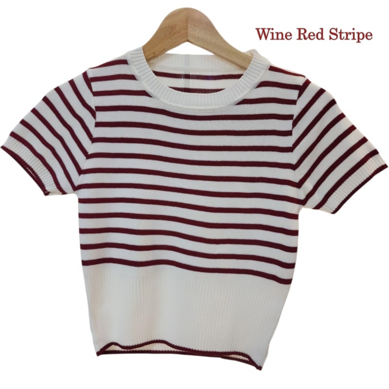 Stella Fashion Korean Style Striped Knit Top Women Short Sleeve Slim Fit Round Neck T-Shirt Pullover
