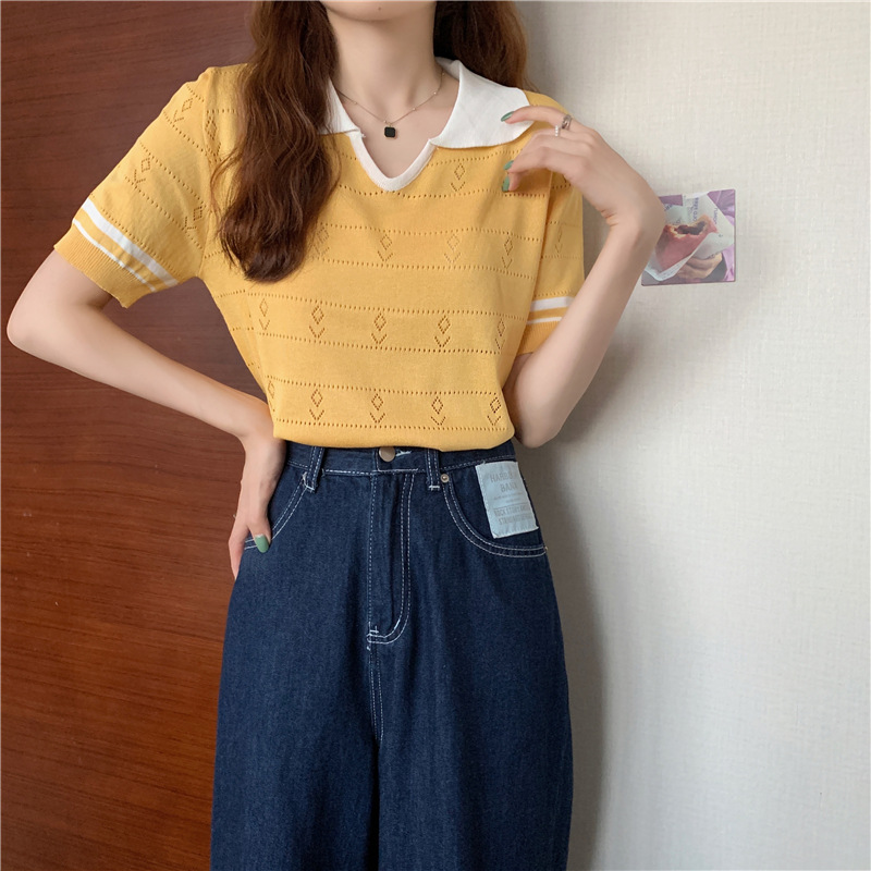 Stella Fashion Sweet Striped Polo Top | Ice Silk Fabric | Slim Fit Pullover | Girly Fashion Blouse