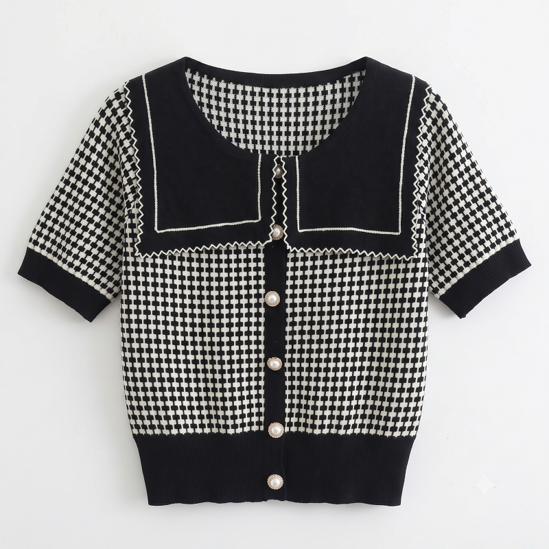 Stella Fashion Women’s Elegant Houndstooth Knitted Cardigan with Sailor Collar, Princess Sleeves, Pearl Buttons, Black & White Spring Fashion Top