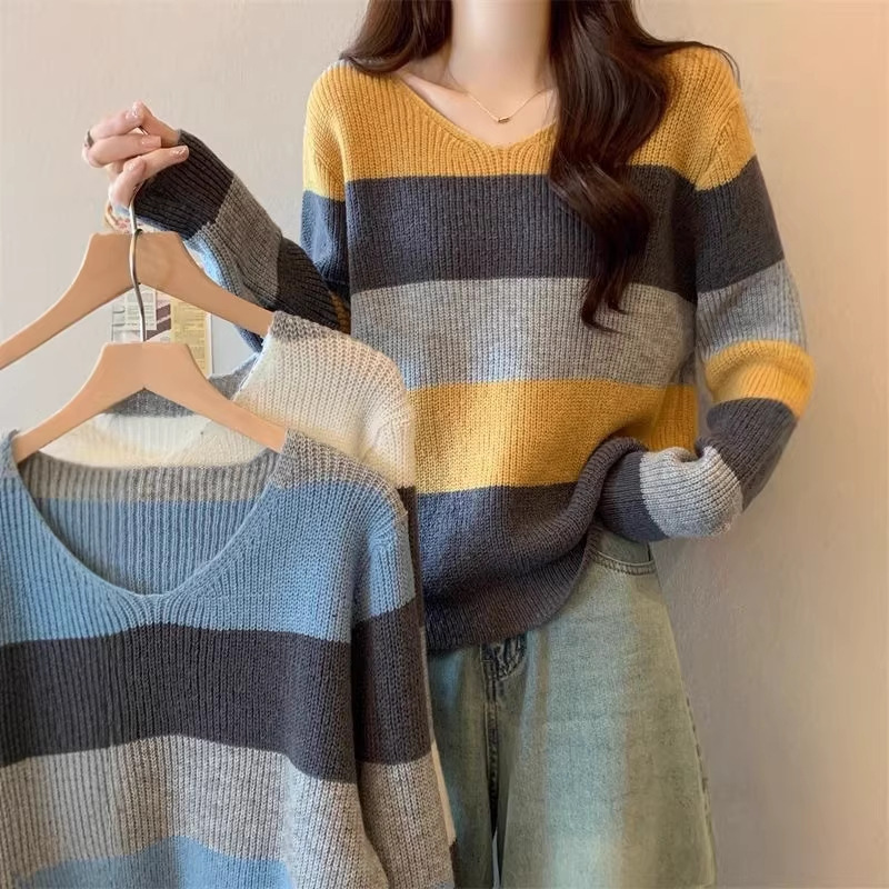 Stella Fashion Korean Style Color Block Chenille Knit Sweater | Soft Loose Fit V-Neck Pullover Top (Free Size)