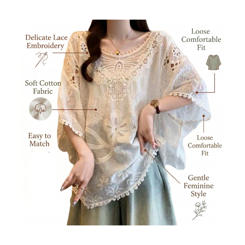 Stella Fashion Fresh Lace Embroidery Blouse – Lightweight, Sweet & Elegant, Perfect for Daily Wear