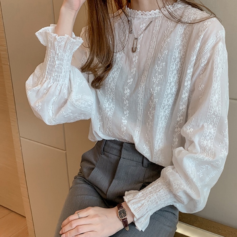 Stella Fashion Korean Style Women Ladies Loose Lace Cotton Round Neck Puff Long Sleeve Shirt Blouse