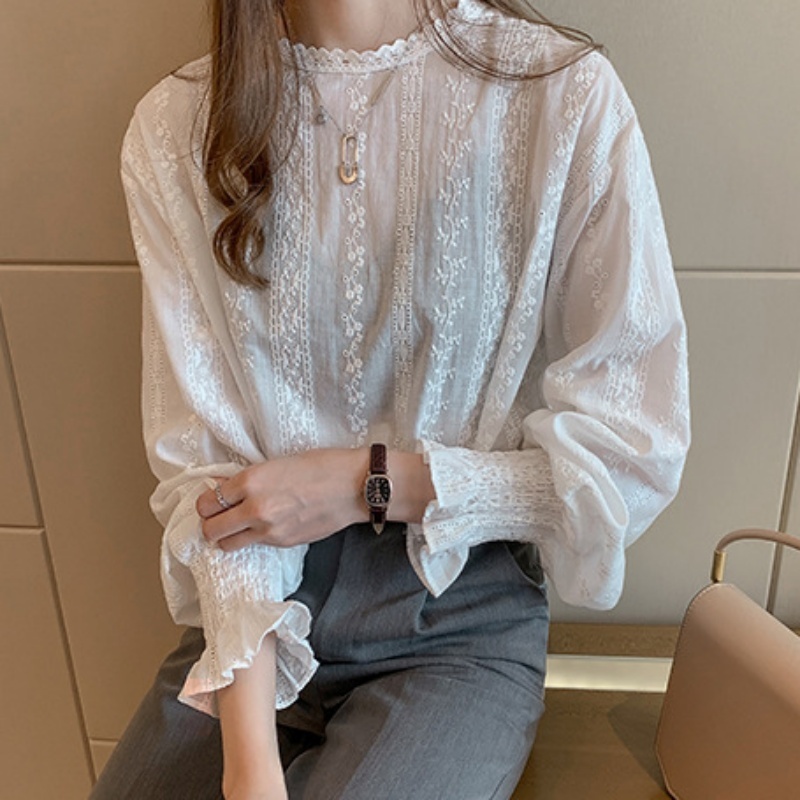 Stella Fashion Korean Style Women Ladies Loose Lace Cotton Round Neck Puff Long Sleeve Shirt Blouse-Stella's Fashion