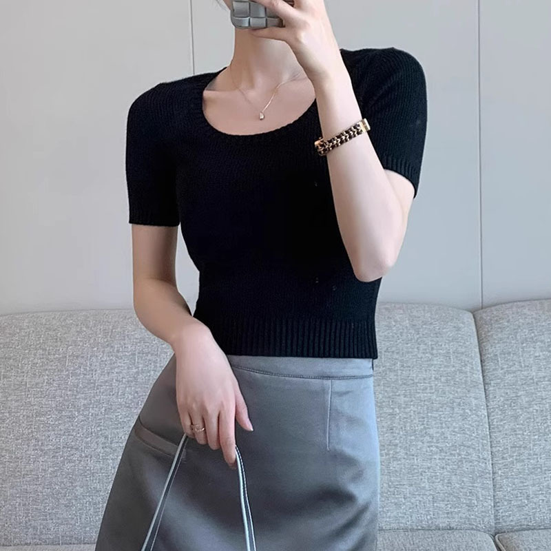 Stella Fashion Summer Soft Knitted Crop Tops U-Neck Short-Sleeved  Slim Fit Tight Design Short T-shirt-Stella's Fashion