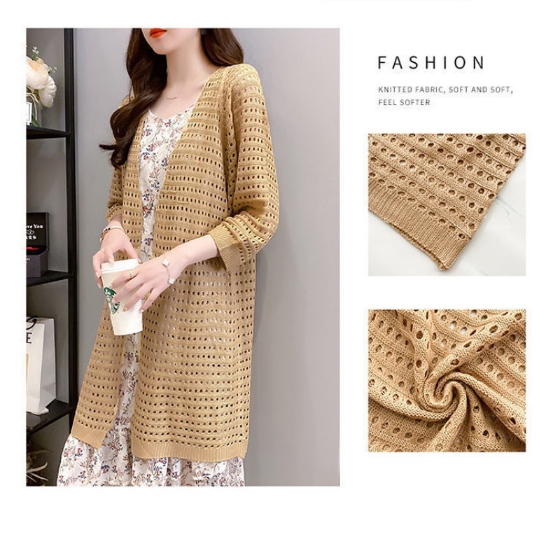 Stella Fashion Ice Silk Women's Knitted Coat Fashion Korean version women Thin loose Cardigan Mid-Length Sweater with Hallow Design-Stella's Fashion